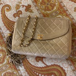 Authentic CHANEL Beige Quilted Crossbody Bag